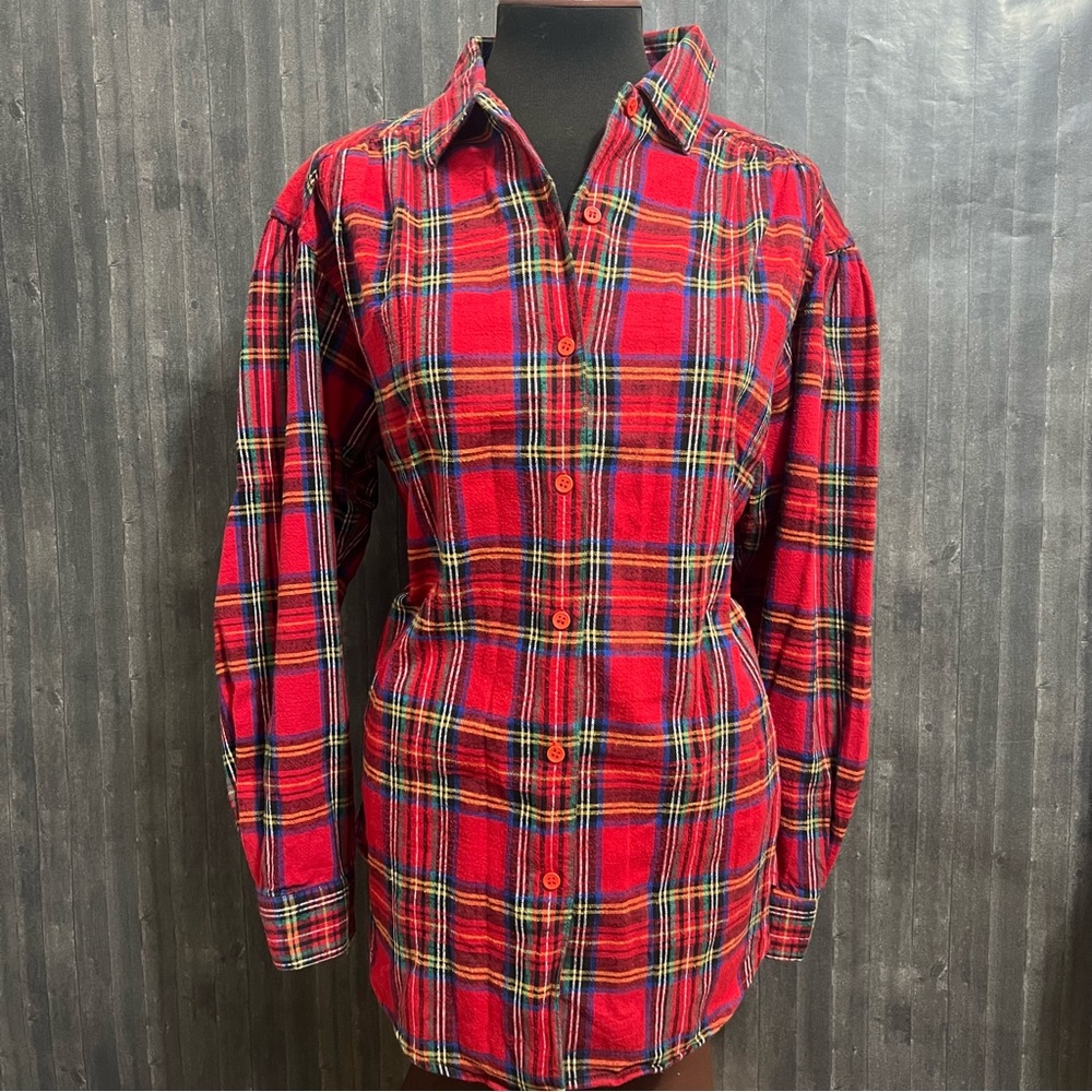 CM Company Vintage Button Down Red Flannel Plaid Long Sleeve Top